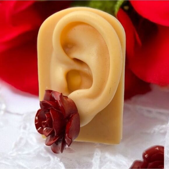 Large Red Rose Earrings Shiny 3D Acrylic Pierced Stud Post Women's Jewelry Gift - Picture 5 of 6